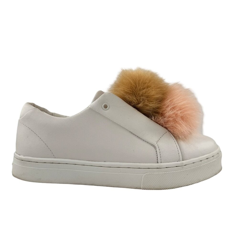 Sam Edelman White Leather Tan Blush Faux Fur Pom Pom Sneaker Shoes Size 9M - Picture 3 of 5